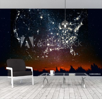 Picture of Forest sunset landscape with projection of USA map in the form of stars of the constellations of city lights Travel United States of America concept Elements of this image furnished by NASA